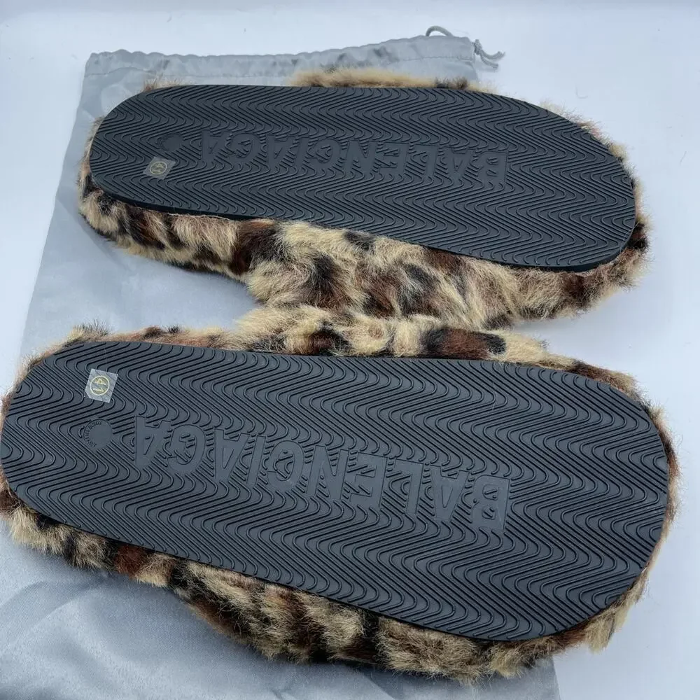 Balenciaga Men's Sz EUR 41 Leopard Animal Print Faux Fur Logo Slide Sandals